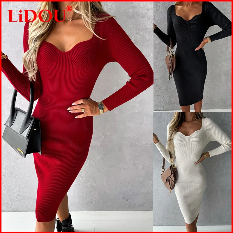 

Autumn Winter Elegant Square Neck Sexy Midi Dress Women Casual Long Sleeve Solid Basic Bodycon Pencil Dress Streetwear Vestidos