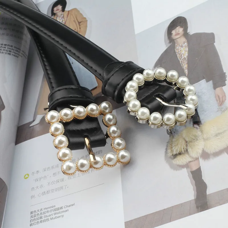 

Ремень женский кожаный, Универсальный однотонный пояс с квадратной пряжкой из сплава, с инкрустированным жемчугом, милый