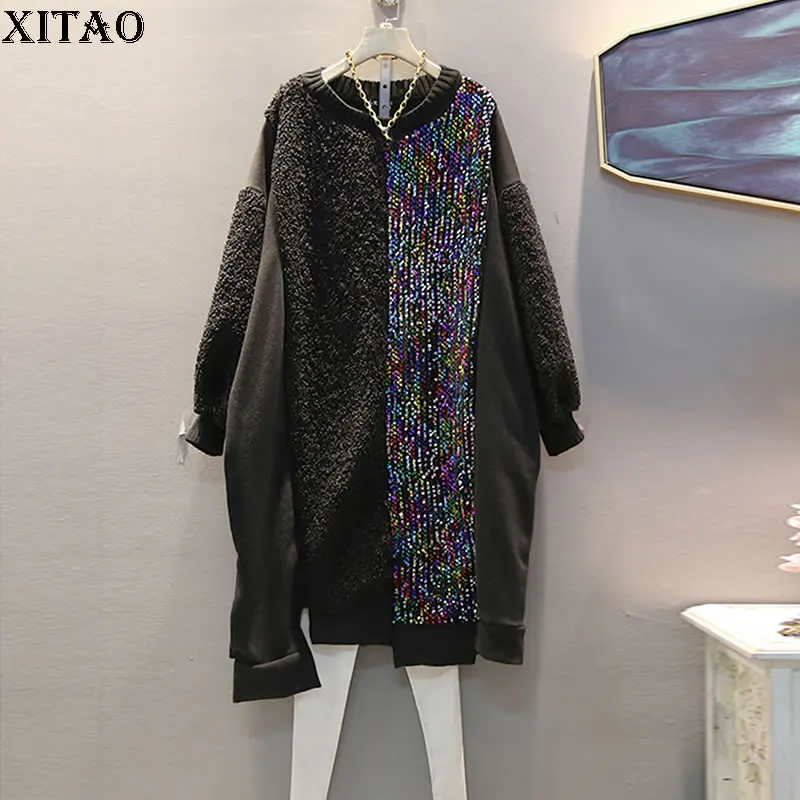 XITAO черное платье с блестками женская одежда зима 2019 длинный рукав пэтчворк