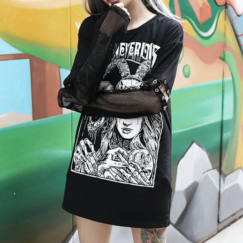 Футболка с принтом букв Таро женские готические черные панк топы в готическом