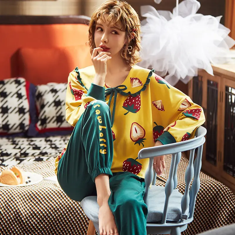 Women's Autumn Long-sleeved Pajamas Spring and Autumn Sleep Suits Fresh Home Clothes and Moon Clothes Womens Two Piece Sets