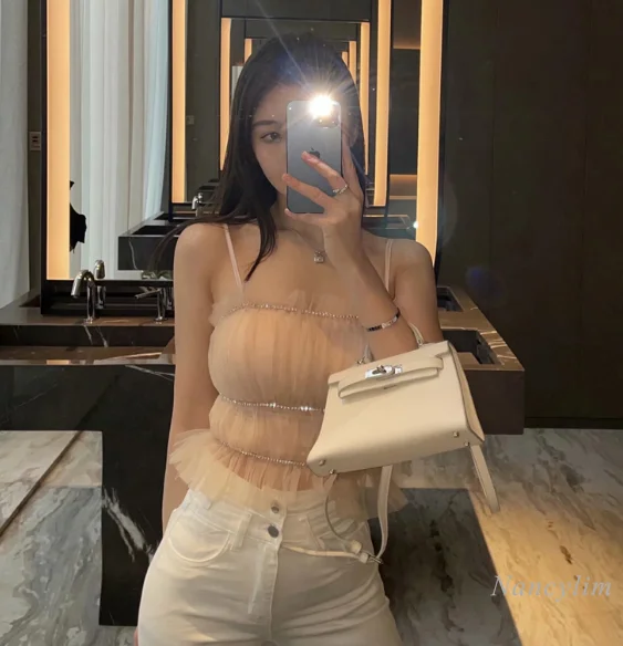 

Rhinestone Mesh Camisole Women's Slim Fit Short Pleating Sling Shirt Sexy Crop Top Girls Ladies Blusas Mujer 2021