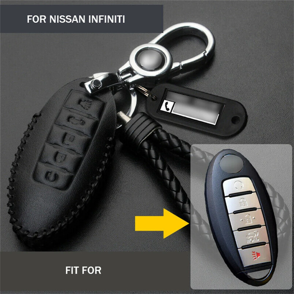 

5 Buttons Genuine Leather Remote Start Car Key Case Cover Shell Fob Auto Accessories For Nissan Infiniti Q50 Q60 Sentra 16-19