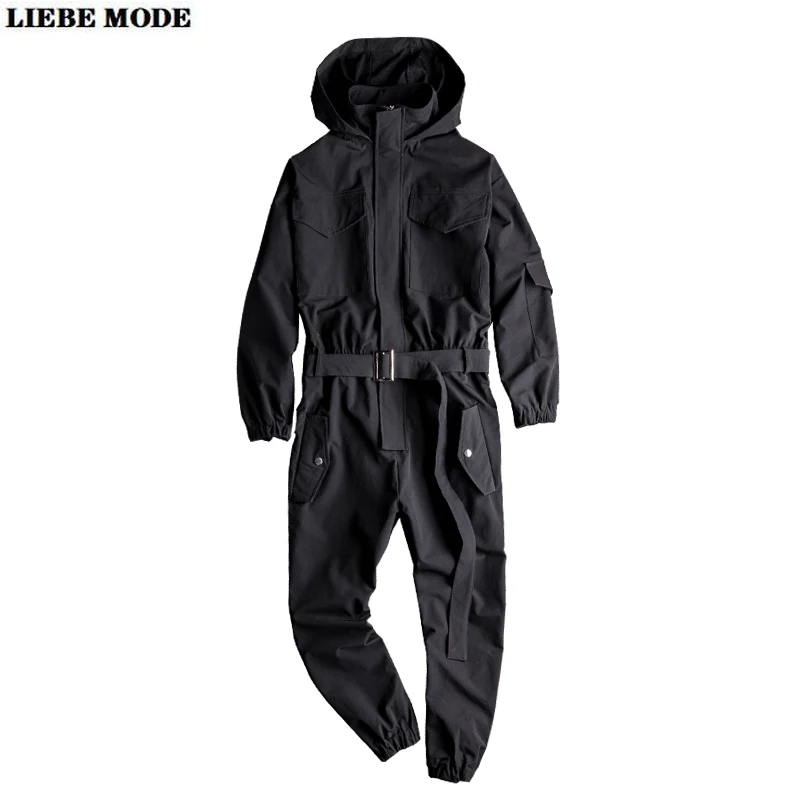 Men's Loose Bib Overalls Hip Hop Jumpsuits With Hooded Jacket Belt Male Workwear Bib Coveralls Suspender Pants Multi Pockets