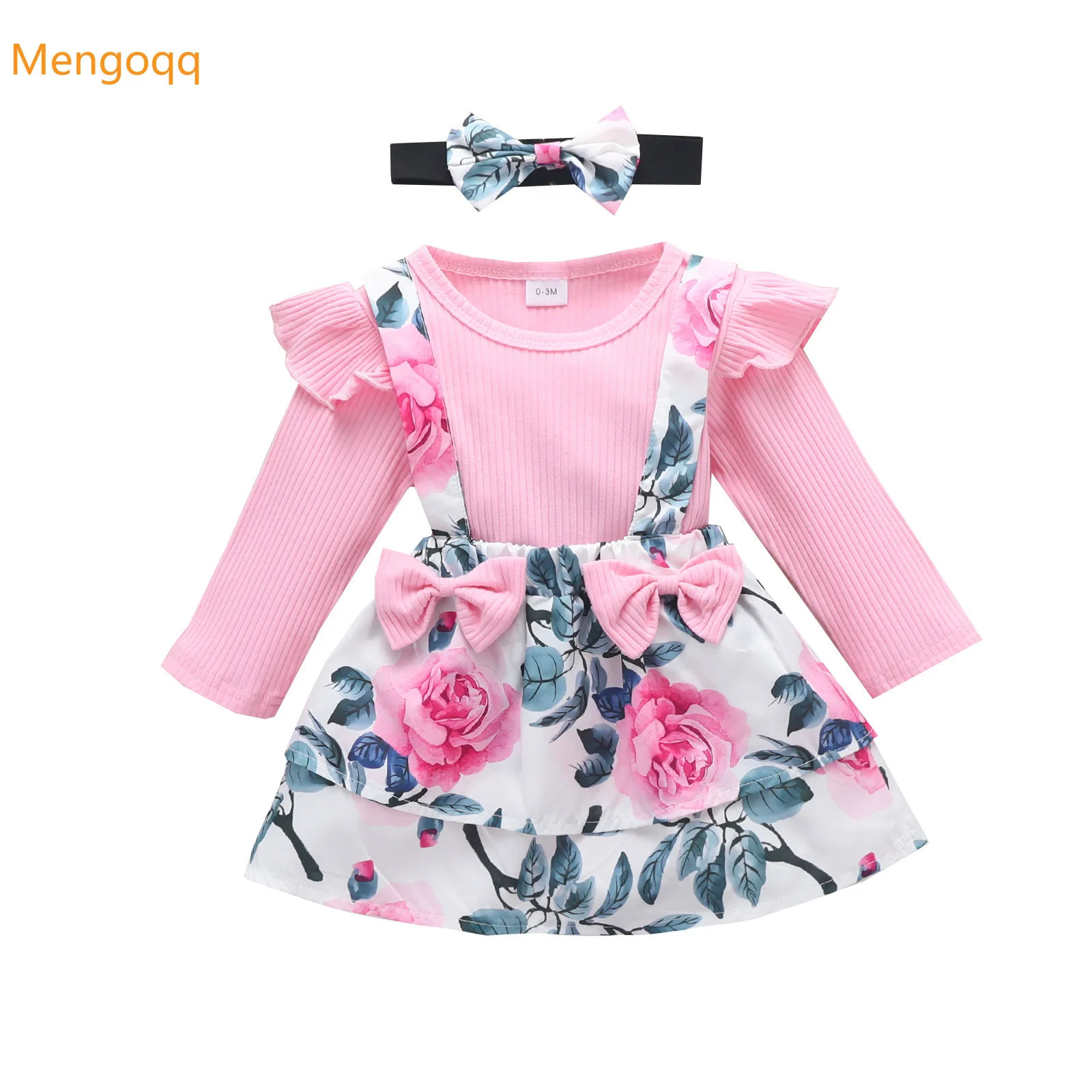 

Toddler Princess Ruched Solid Top Bodysuits Bow Flower Strap Dress Headbands Infant Kids Baby Girls Clothes Set 3pcs 0-18M