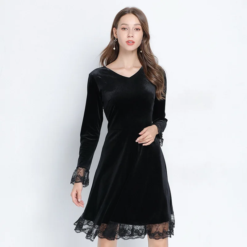 Осеннее модное женское элегантное золотистое бархатное платье кружевное