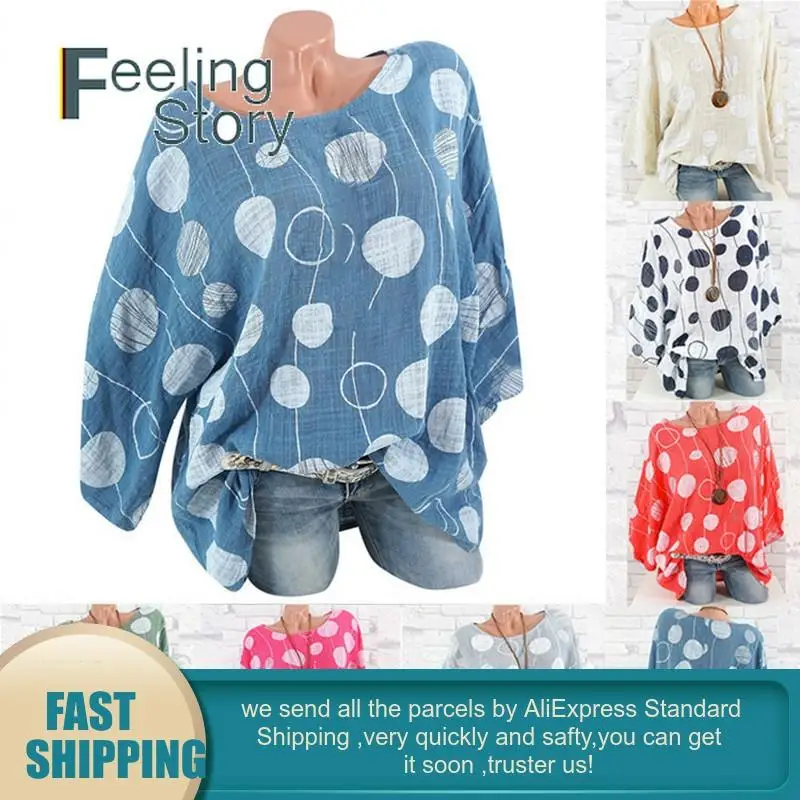 Для женщин туники плюс Размеры с круглым вырезом в горошек Блузка Летучая мышь