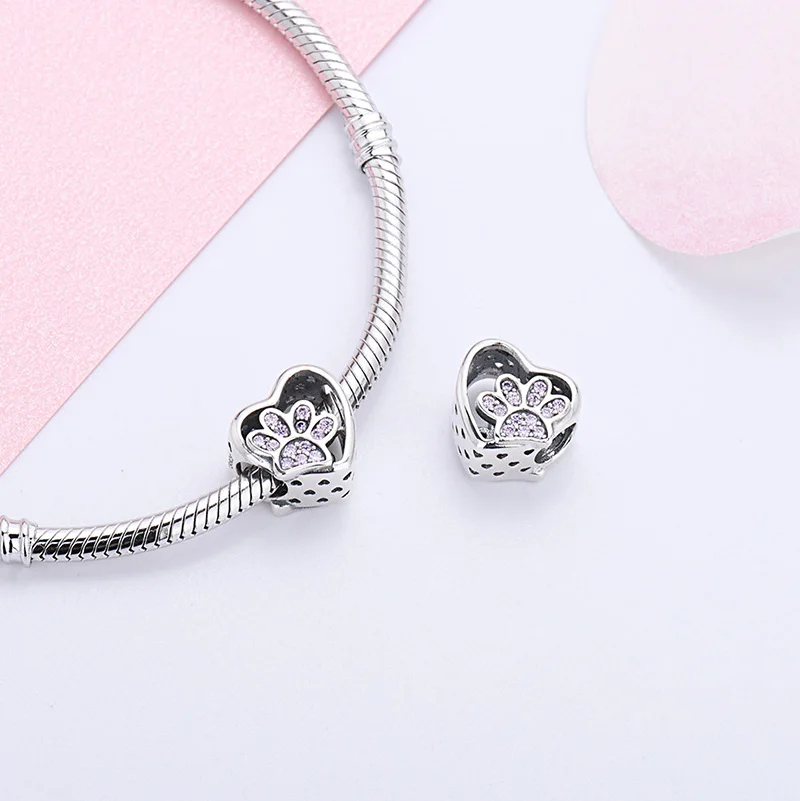 100% 925 стерлингового серебра полые розовый циркон бусины &quotСердце&quot Собака Следы