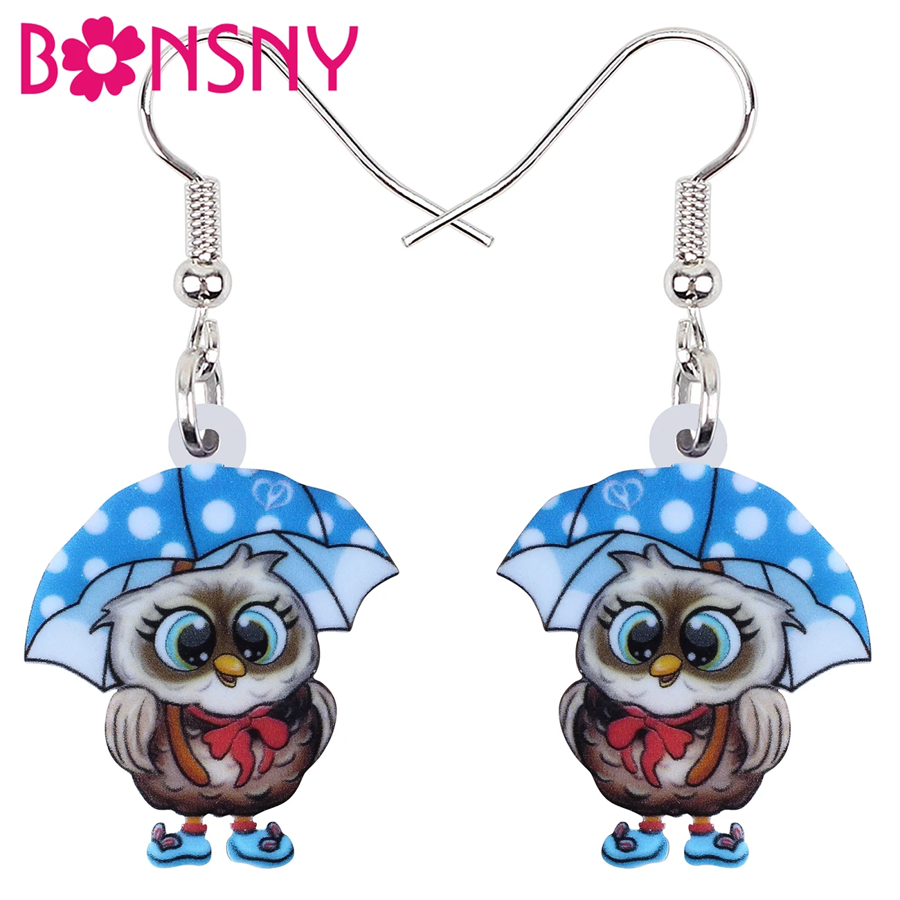 

BONSNY Acrylic Sweet Blue Umbrella Night Owl Earrings Fashion Big Drop Dangle Birds Jewelry For Women Girl Teens Charms Gifts