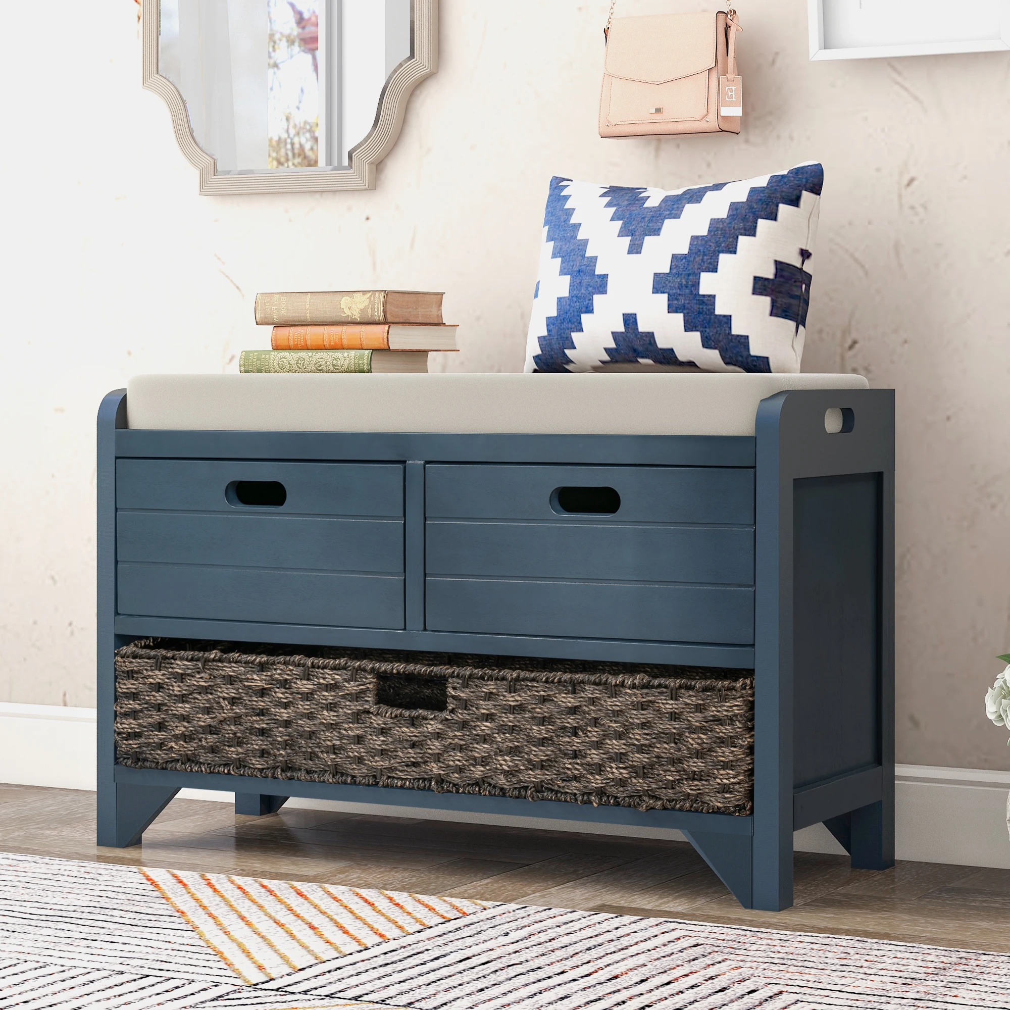 

Storage Bench Entryway Bench with Removable Basket and 2 Drawers, Fully Assembled Shoe Bench with Removable Cushion for Hallway