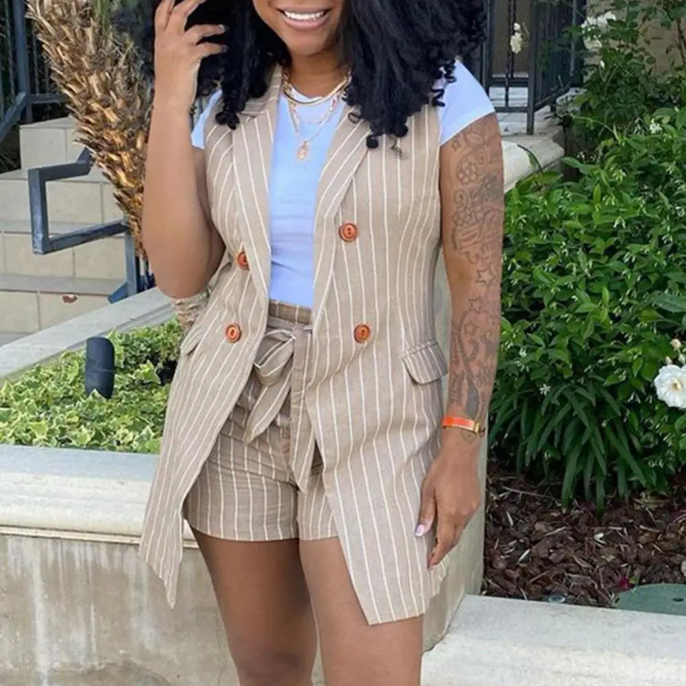 

2021 Women Sleeveless Stripe Button Up Elastic Waist Blazer Top And Pocket Short Set Elegant Office Ladies Suits Women Workwear
