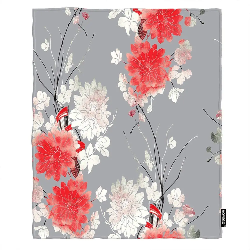 

Одеяло из вишни и хризантемы, элегантное мягкое Фланелевое покрывало с градиентными красными натуральными цветами для кушетки, спальни, до...