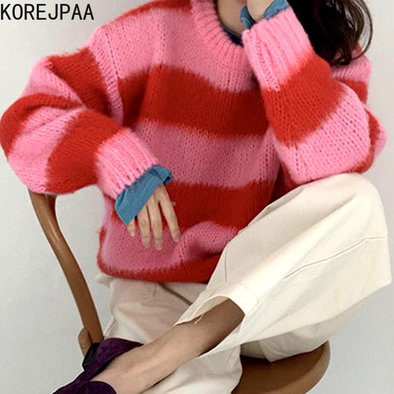 

Korejpaa Contrast Striped Sweaters Women Autumn Retro Korea O-neck Puff Sleeve Pull Femme Knitwear Casual Pullovers 2021 New Top