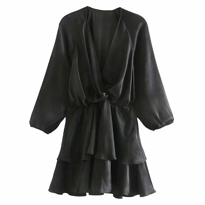 2019 ZA осеннее новое черное платье женское модное с рукавом в девять точек и v