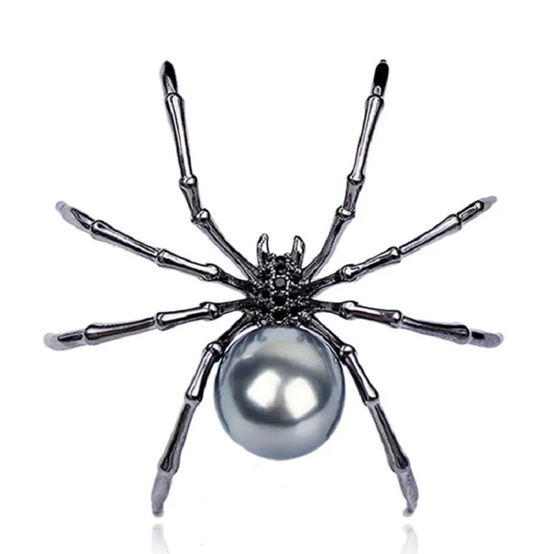 

High-grade Retro Alloy Simulation Big Spider Brooch With Black Pearl And Diamond