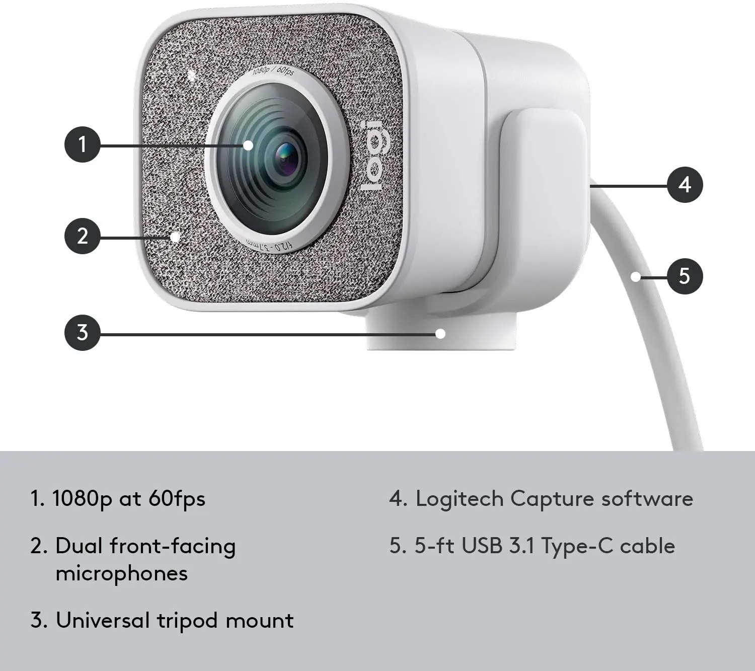 

Logitech Stream Cam, 1080P HD 60fps Streaming Webcam with USB-C and Built-in Microphone, White