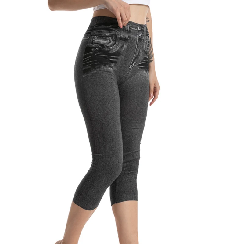 

Леггинсы с принтом женские, модные облегающие джинсовые брюки до середины икры, Стрейчевые короткие брюки черного, серого, синего цветов, на лето