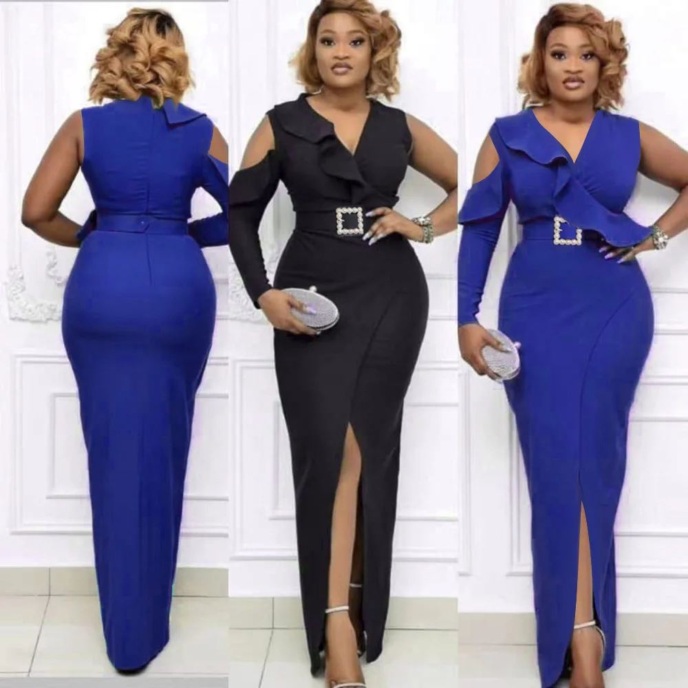 

African Dresses for Women 2021 Summer African Women V-neck One Shoulder Blue Green Long Dress Maxi Dress