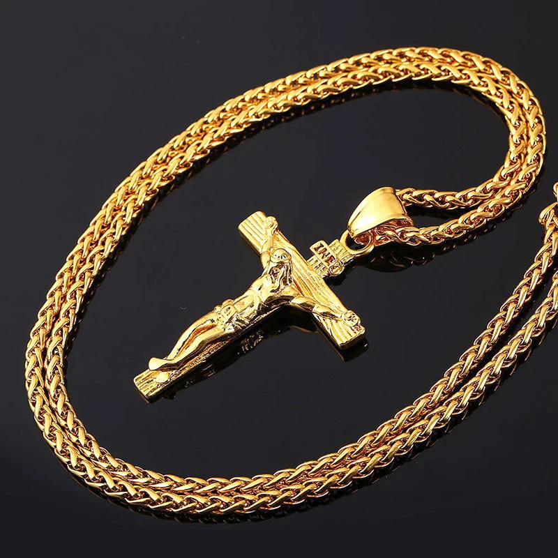 

Vintage Religious Jesus Cross Necklace for Men Fashion Gold Color Cross Pendent with Chain Necklace Jewelry Gifts for Men 1PC