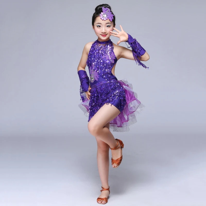 Платье с бахромой и блестками для сальсы Детские платья Одежда латинских танцев