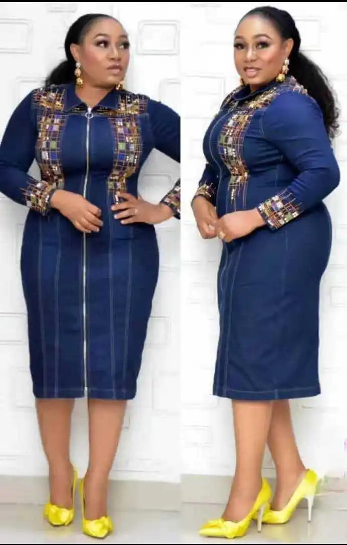 

2XL-5XL African Women Long Sleeve Plus Size Jeans Knee-length Dress African Dresses for Women American Clothing