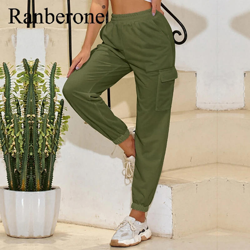 Ranberone High Waist Women's Pants Casual Loose Full Length Trousers Woman Fitness Sports Tights Fashion Stretch Streetwear 2020