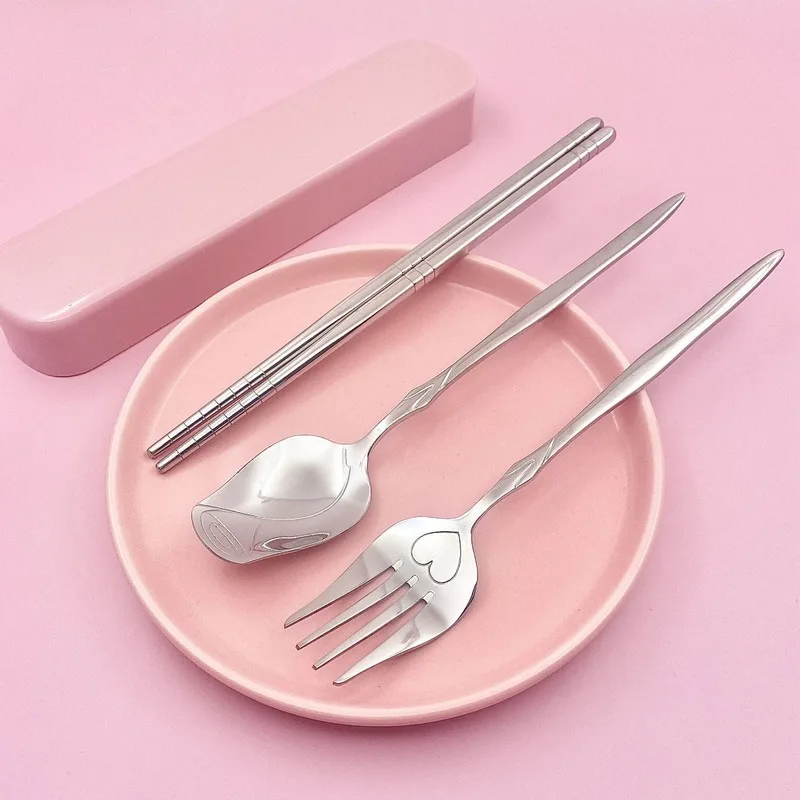 

5pcs-piece Creative Stainless Steel Spoon Fork Chopsticks New Rose Spoon Stirring Spoon Dessert Fork Portable 3-piece Set