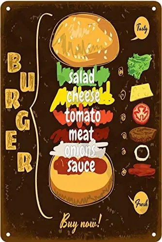 

Hamburger Vintage Style Metal Sign Iron Painting for Indoor & Outdoor Home Bar Coffee Kitchen Wall Decor 8 X 12 Inch