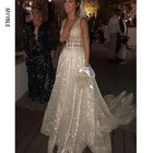 Блестящие Свадебные платья для невесты, с V-образным вырезом, открытой спиной, бисером, жемчугом, трапециевидной формы, со шлейфом, скромные свадебные платья, 2021