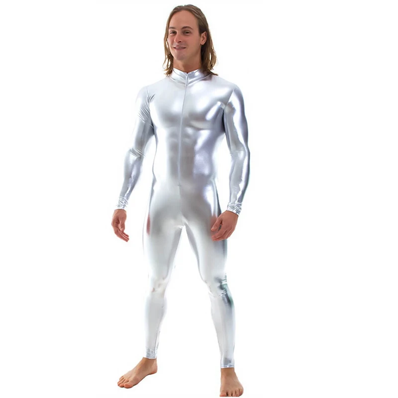 Мужской костюм Зентаи блестящий металлический с длинными рукавами и молнией