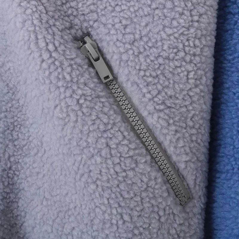 

Winter Warm Wool High Neck Fleece Contrast Color Chic Jacket Stitching Pocket Zipper Jacket Fashionable Women