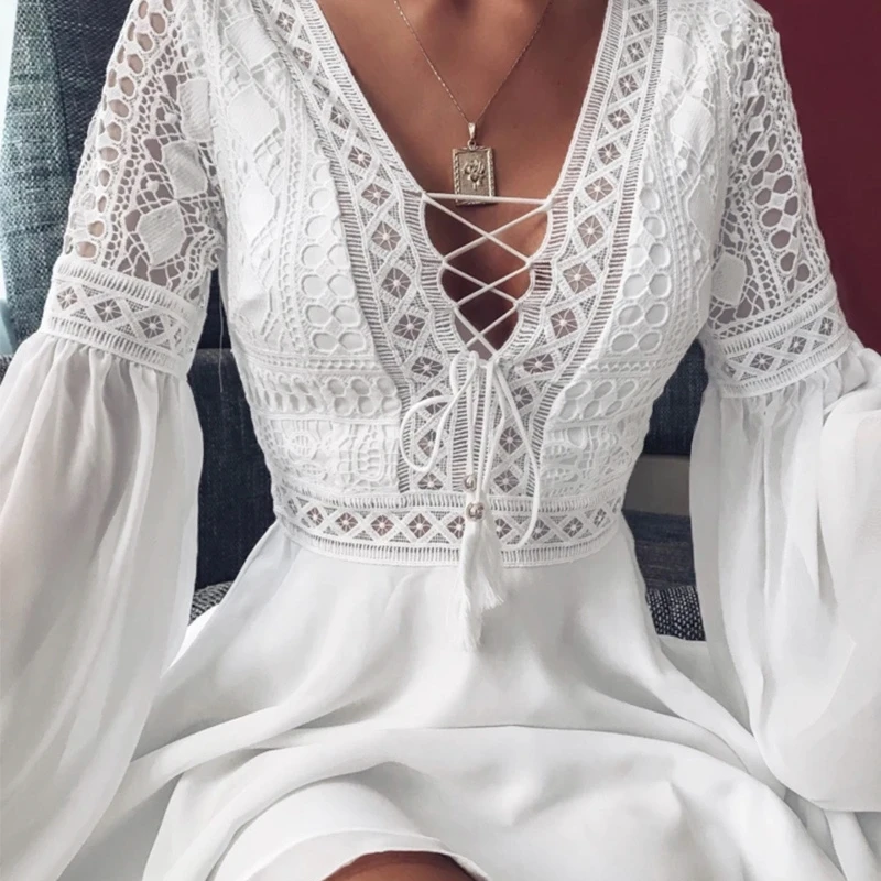 

Women's V-neck Crocheted lace skirt, fashionable gauze shirt with camping sleeves, party, 2021