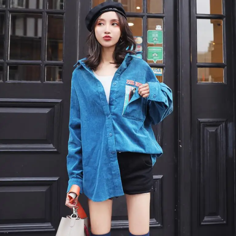 

New Women's Blouses Autumn Winter Shirt Streetwear Turn Down Collar Button Loose Corduroy Shirts Ladies Tops Print Blouse Blusas
