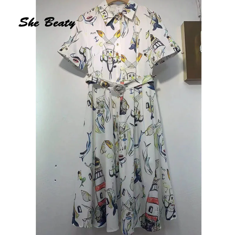 

She Beaty Runway 2021 High Quality Blouse Dress Women Singler Breasted Floral Printed Offic Ladies Elegant Vintage Midi Dresses