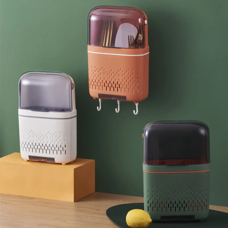 

Wall-mounted Chopstick Cage Large Capacity Punch-free Spoon Fork Rack Multi-function Dust-proof Cutlery Shelf Home Organizer