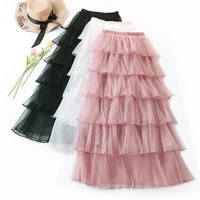 needbo women skirt 2020 a line mesh tulle skirt mid calf elastic high waist cupcake skirt women fairy princess wedding skirt