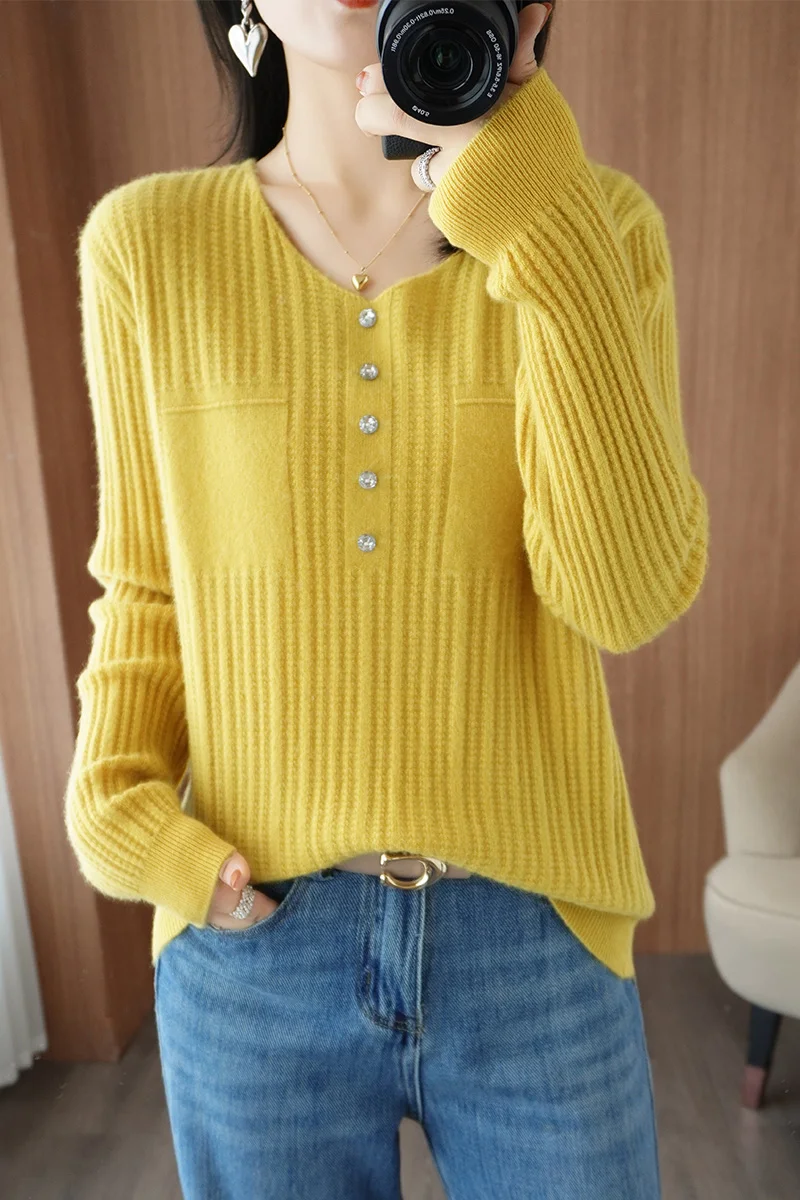 

Autumn Winter Women's Wweaters Female Pullover Long Sleeve V-Neck 100% Wool Knitted Jumpers Casual Clothing Tops Blouse Outwear