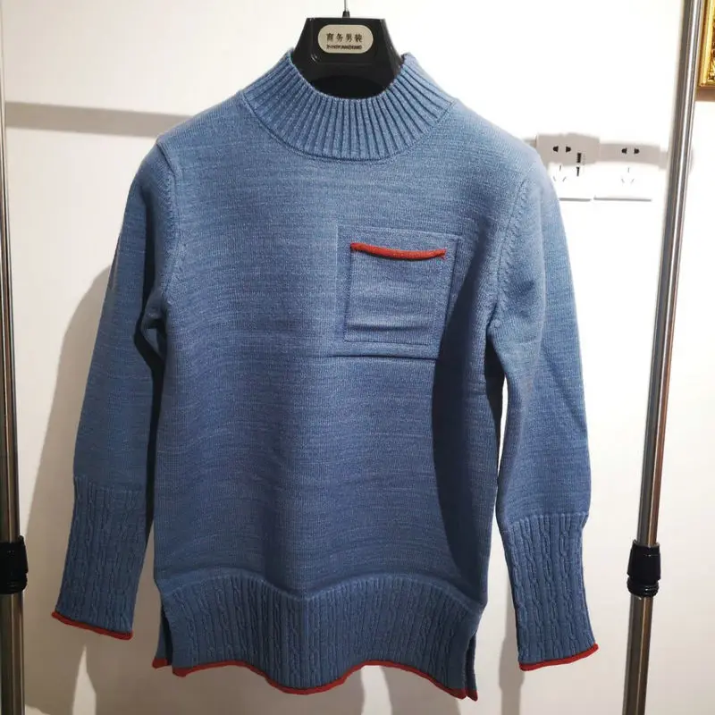 

Autumn Winter Women Light Blue Wool Pullover Sweaters With Single Breast Welt Pocket Design Knitted Top Soft Cozy Knitwear Lady
