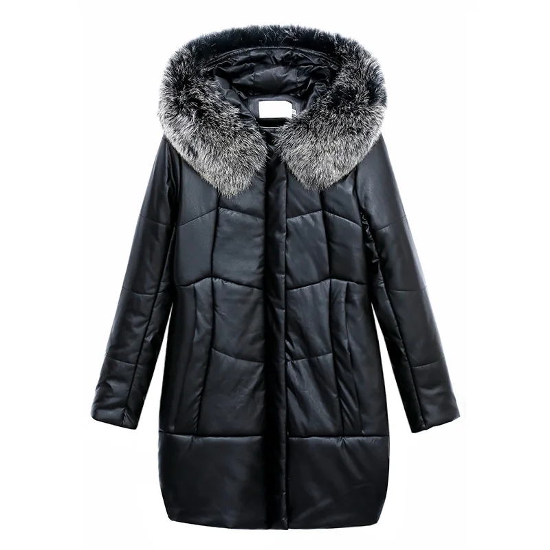 

21 Winter Women's Middle And Long Wear New Fox Fur Collar Hooded Korean Black Leather Coat Slim Warm With Cotton Padded Jacket