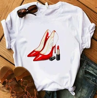 red high heel t shirt lady luxury make up paris style t shirt women summer short tops girl hipster t shirts