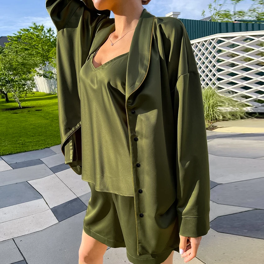 

Restves Solid Sleepwear Women 3 Piece Set Long Sleeve Turn Down Collar Home Robe Satin V Neck Cami Top Female Casual Shorts 2021