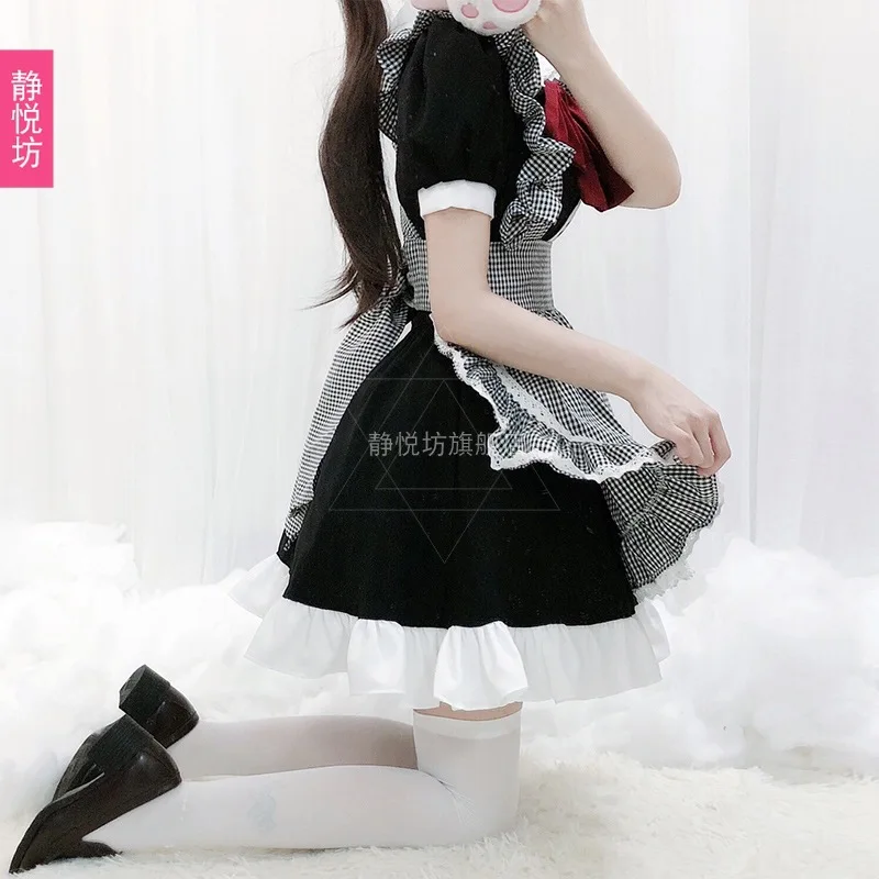 

Halloween Costume Lolita Full Set Maid Costume Japanese Chef Daily Black and White Plaid Maid Lolita Dress goth lolita
