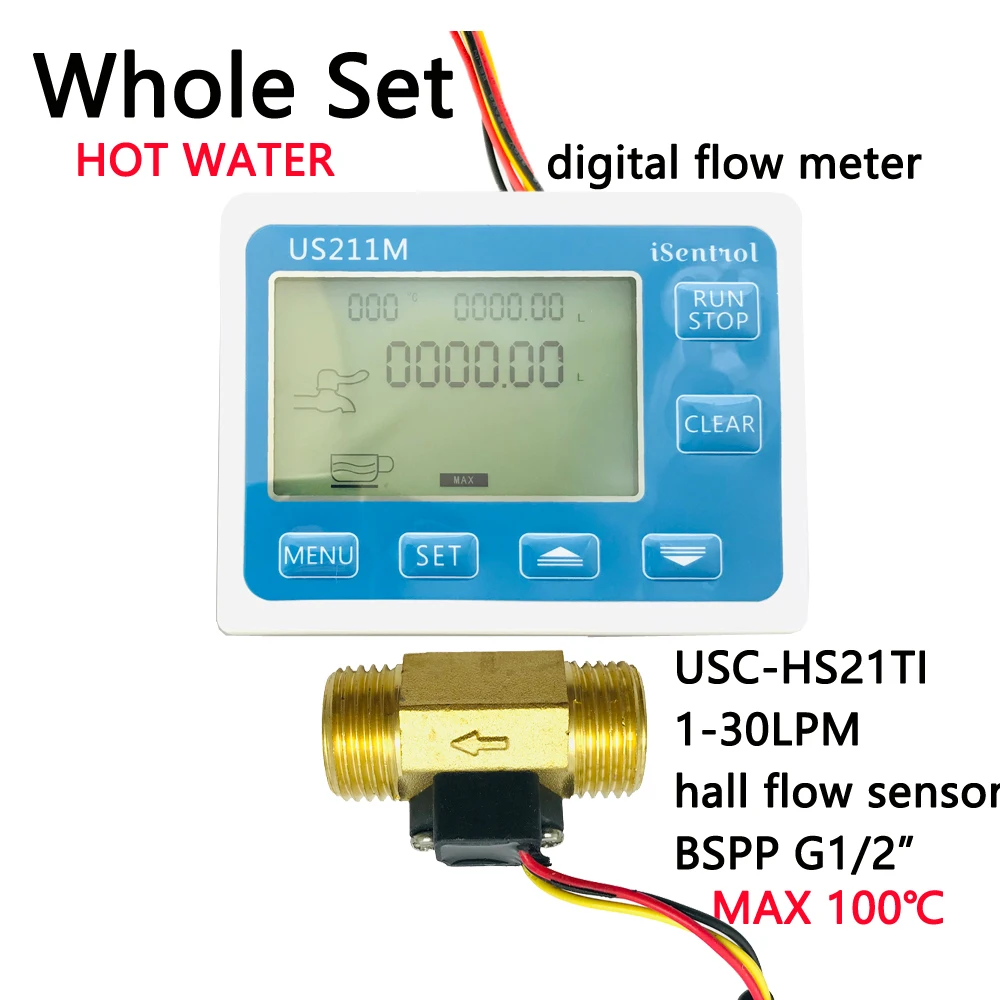 

Hot Water 100C US211M Water Flow Meter Digital Hall Water Flow Sensor Reader with Brass USC-HS21TI 1-30L/min flowmeter turbine