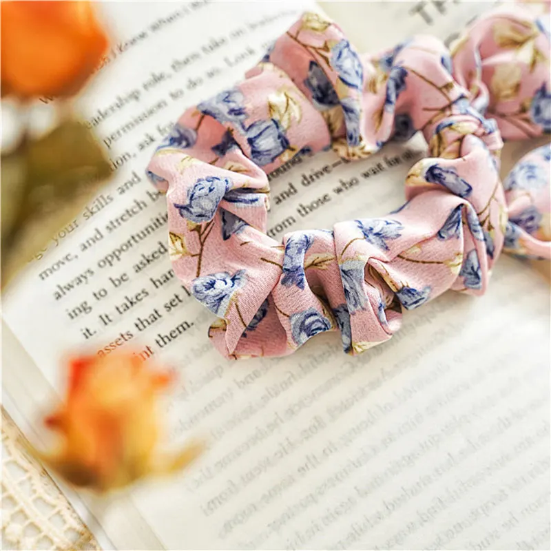 

Korean Sweet Girl Hair Ties Women Streamers Scrunchies Rose Flower Print Elastic Bow Hair Rope Hair Accessories Headwear