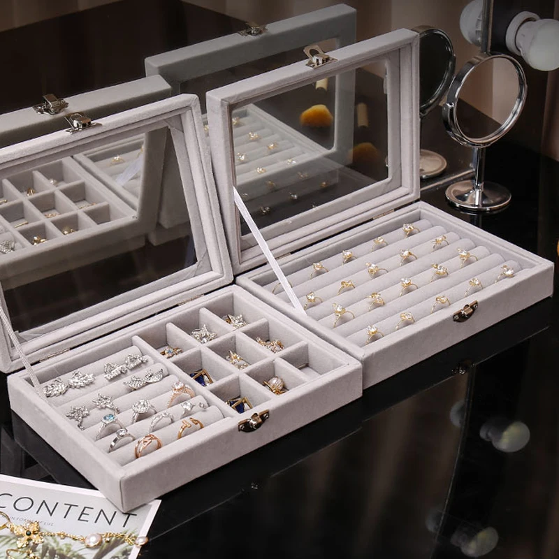 

Large Velvet Jewelry Organizer Glass Cover Flocking Jewelry Display Storage Box Watch/Bracelet/Necklace/Earrings/Rings Show Case