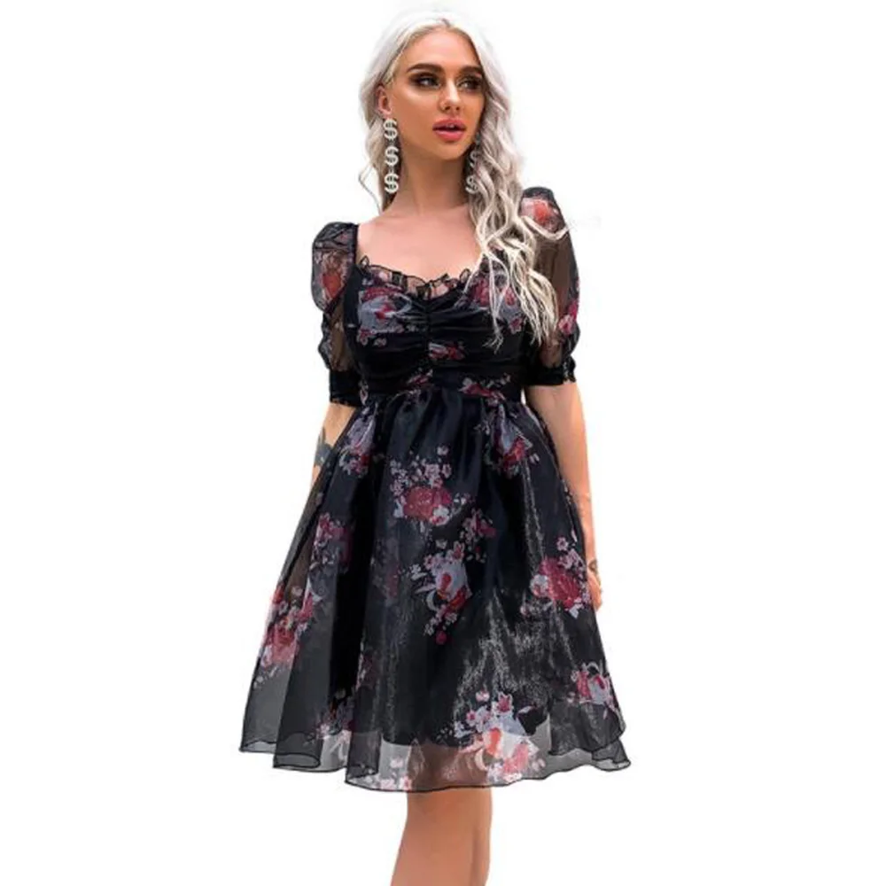 

Cultiseed Women Sweet Cute New Floral Print Organza Mesh Party Dress Clothing Female Fashion Short Sleeve Holiday Casual Gowns