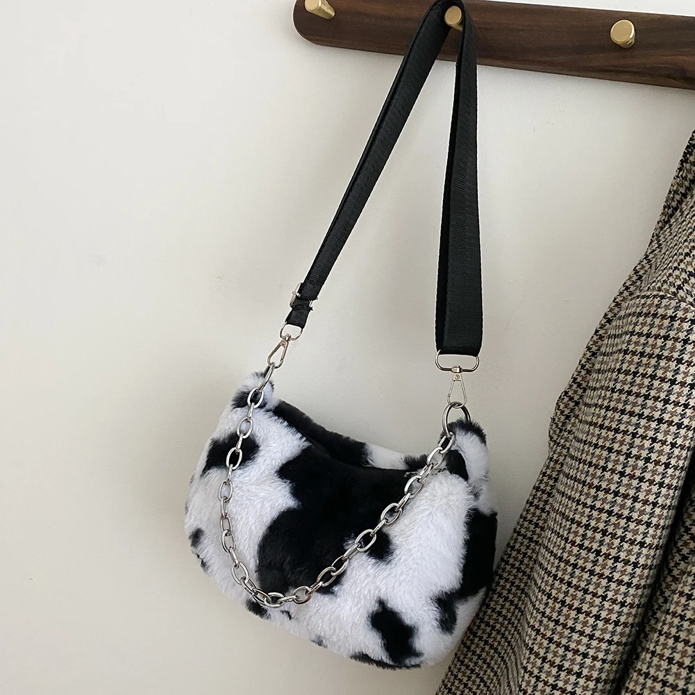 

Cow Print Chain Shoulder Bags for Women 2022 New Winter Soft Plush Female Warm Fur Fluffy Baguette Crossbody Bags Ladies Handbag