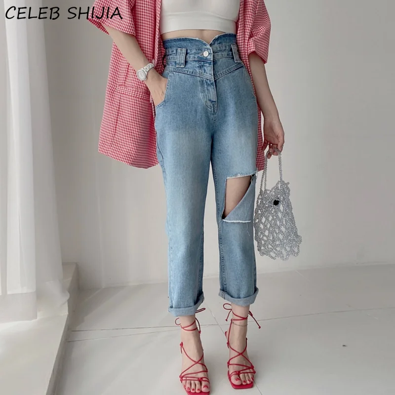 

SHIJIA Blue Vintage Jeans Woman High Waist Hole Loose Straight Leg Pants Woman Denim Korean Street Y2k Baggy Jeans Mom Fall