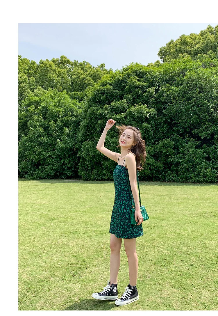 

Green Wild Floral Sling Dress 2021 New Summer Fairy Super Fairy Forest Small Fresh Printed Short Skirt