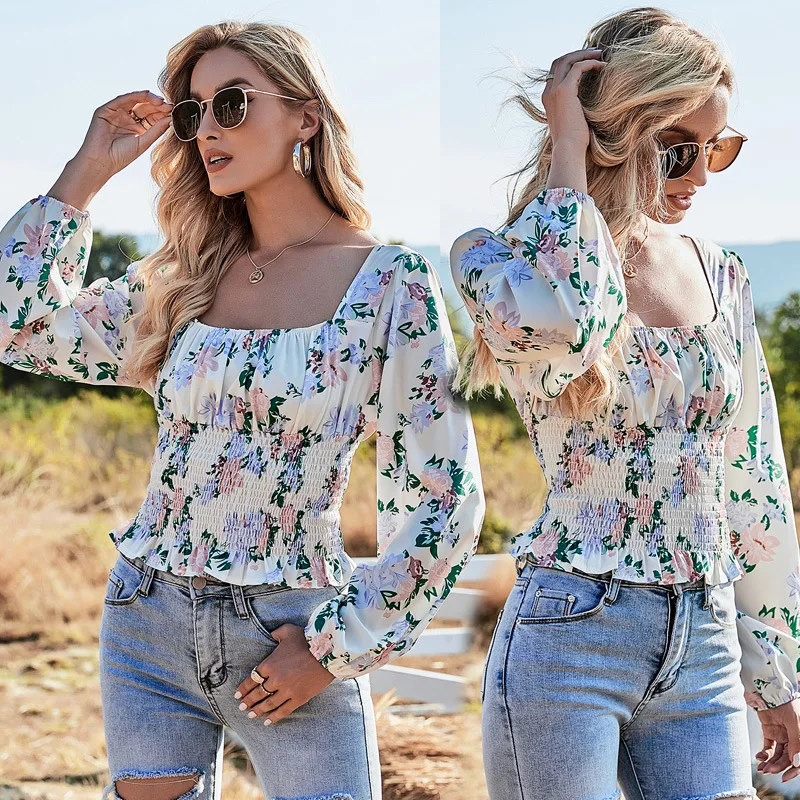 

French Style Long Sleeve Floral Printing Women's t-Shirt Slim Fashion women New Casual Clothes Square Collar Small Mujer